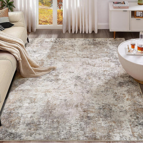 5x7 Washable Abstract Area Rug, Neutral Thin Non-Slip Carpet for Bedroom Dining Room Brown Grey