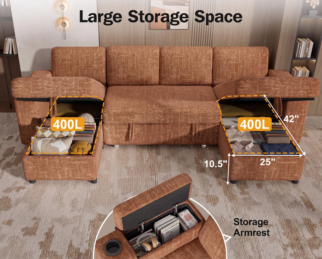 108" Modular Sectional Sleeper Sofa with Pull Out Bed, 4 Seat Chenille U Shaped Couch with USB Ports|Cup Holders|Side