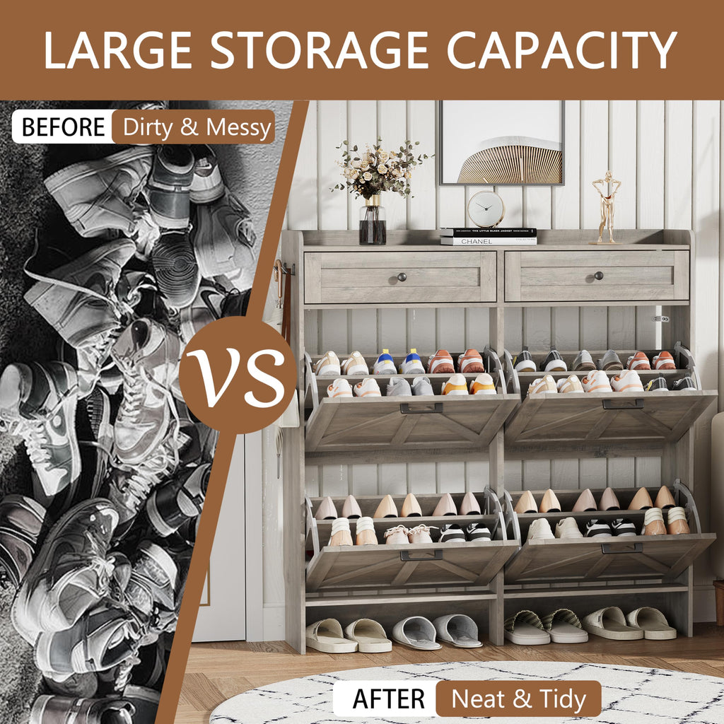 Shoe Cabinet with 4 Flip Drawers & 2 Top Drawers, 43" Tall Freestanding Narrow Wooden Shoe Storage Organizer, Hidden