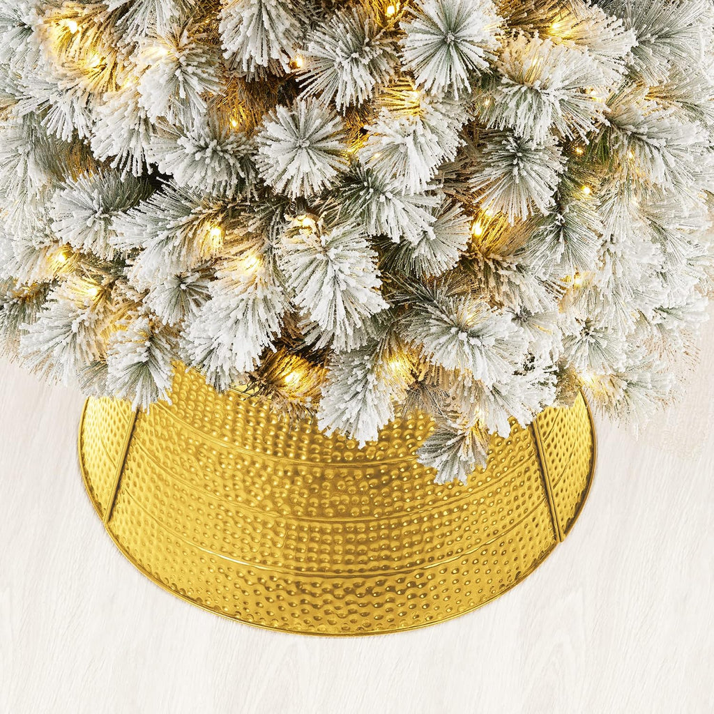 Hammered Christmas Tree Collar Decorative Metal Tree Skirt Base Cover Ring, 22" D, Gold