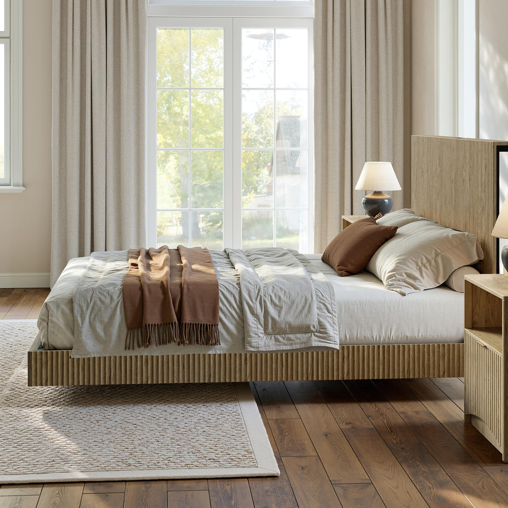 Oak Queen Floating Bed Frame with Headboard & Charging Station