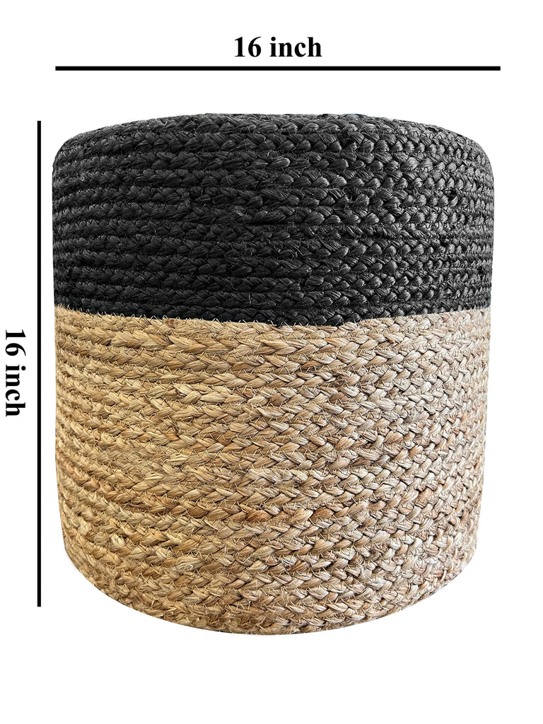 Pouf Ottoman 100% Jute Braided Pouffe Black (16"x16"x16")