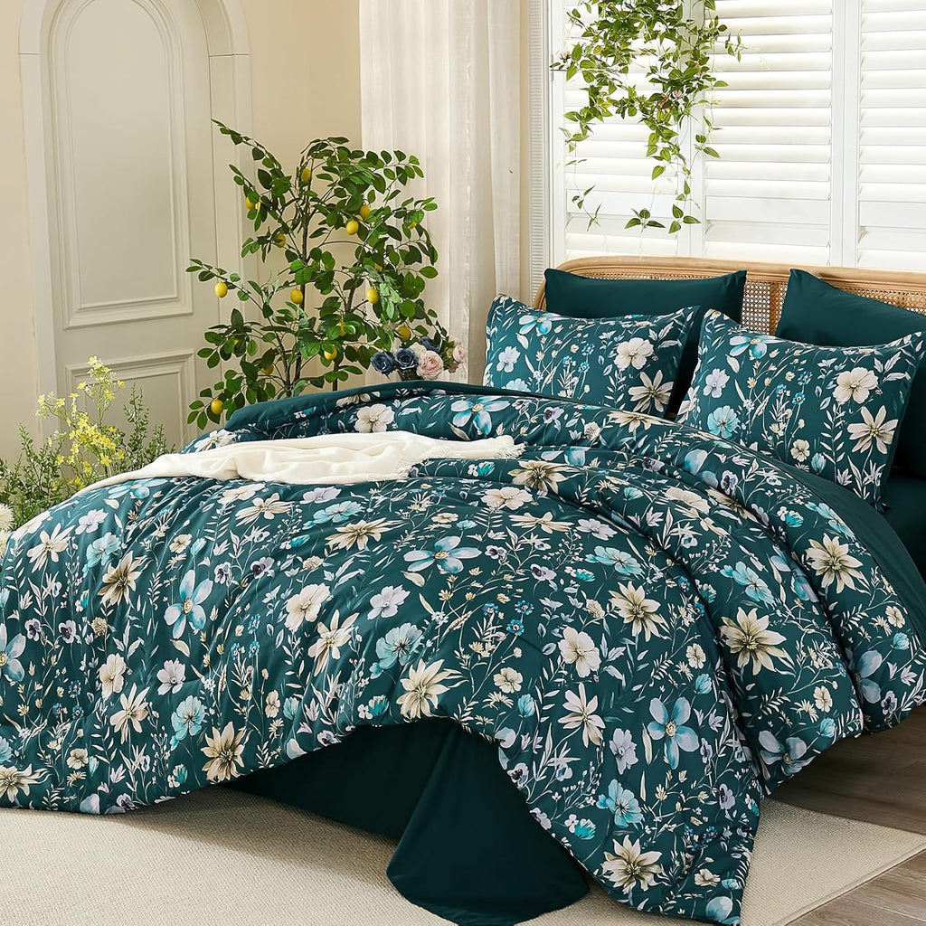 Luxudecor Queen Floral Comforter Set 7 Pieces,Teal Floral Comforter with Sheet Set,Flowers Leaves Pattern Bed in a