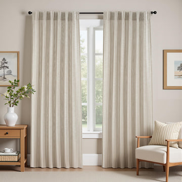 100% Blackout Linen Hygge Striped Curtains Double Layer Farmhouse Drapes 84 Inches Long Bedroom Yarn Dyed Woven