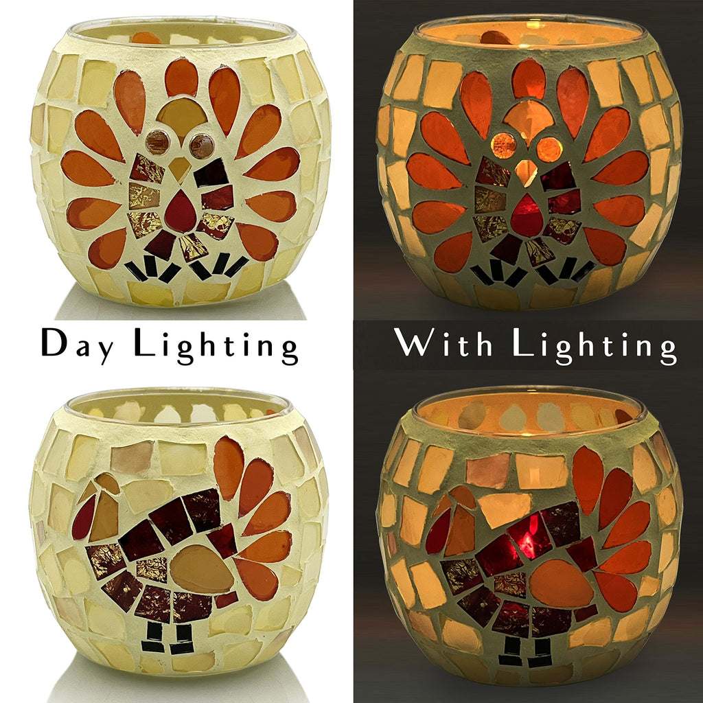 Thanksgiving Votive Candle Holder Set of 4, Mosaic Glass Tealight Holders with Turkey for Fall Table Centerpiece