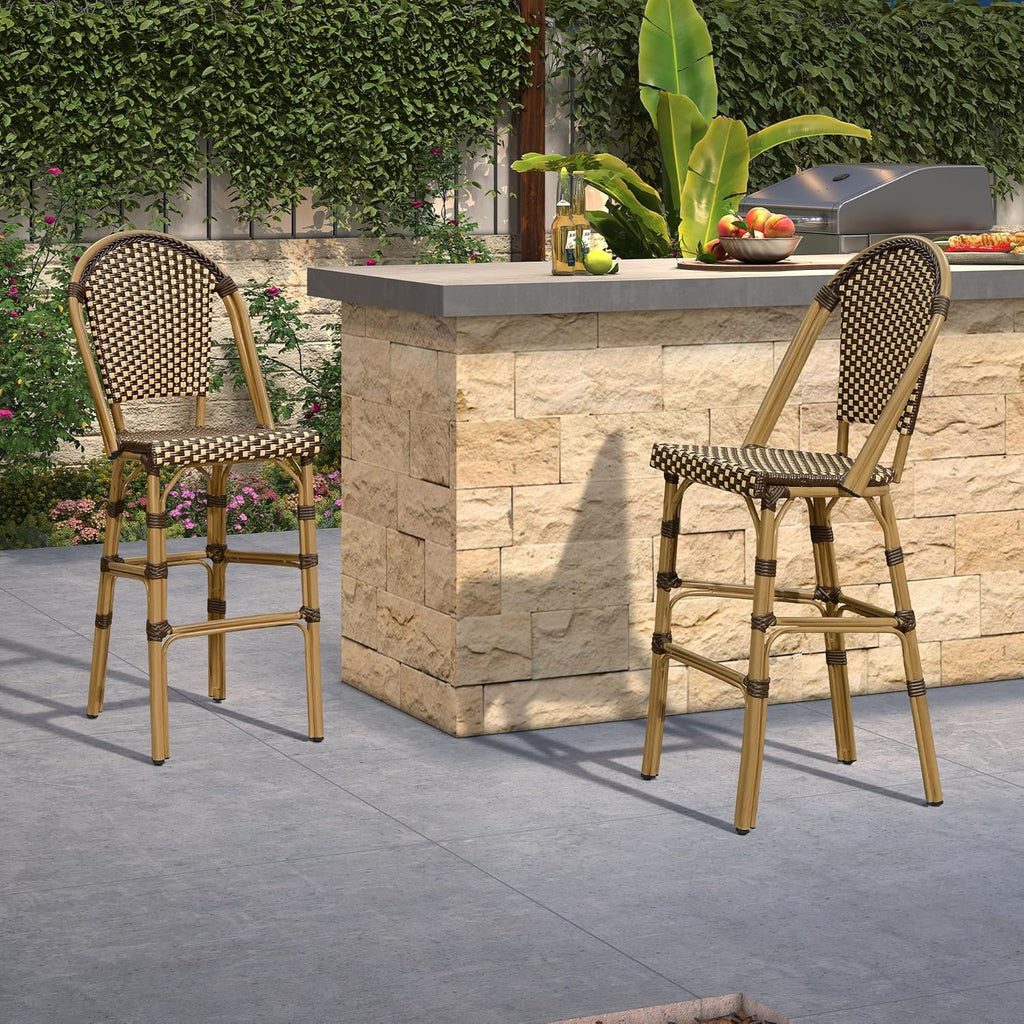 French Bar Stool Set of 4 Bamboo Print Finish Patio Bar Stools with Back Rattan Chairs Wicker Bar Height Stool 30"