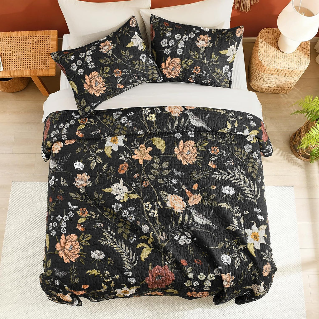 Floral Black Quilt Queen - 3 Pieces Botanical Birds Pattern Quilt Bedding, Lightweight Soft Coverlet for All Seasons