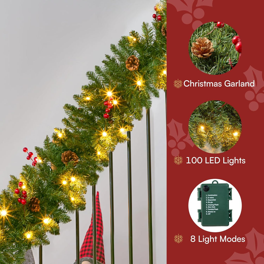 Prelit with Lights, 100 Warm White LED, 27 Pine Cones, 27 Red Berries Christmas Indoor and Outdoor Decorations