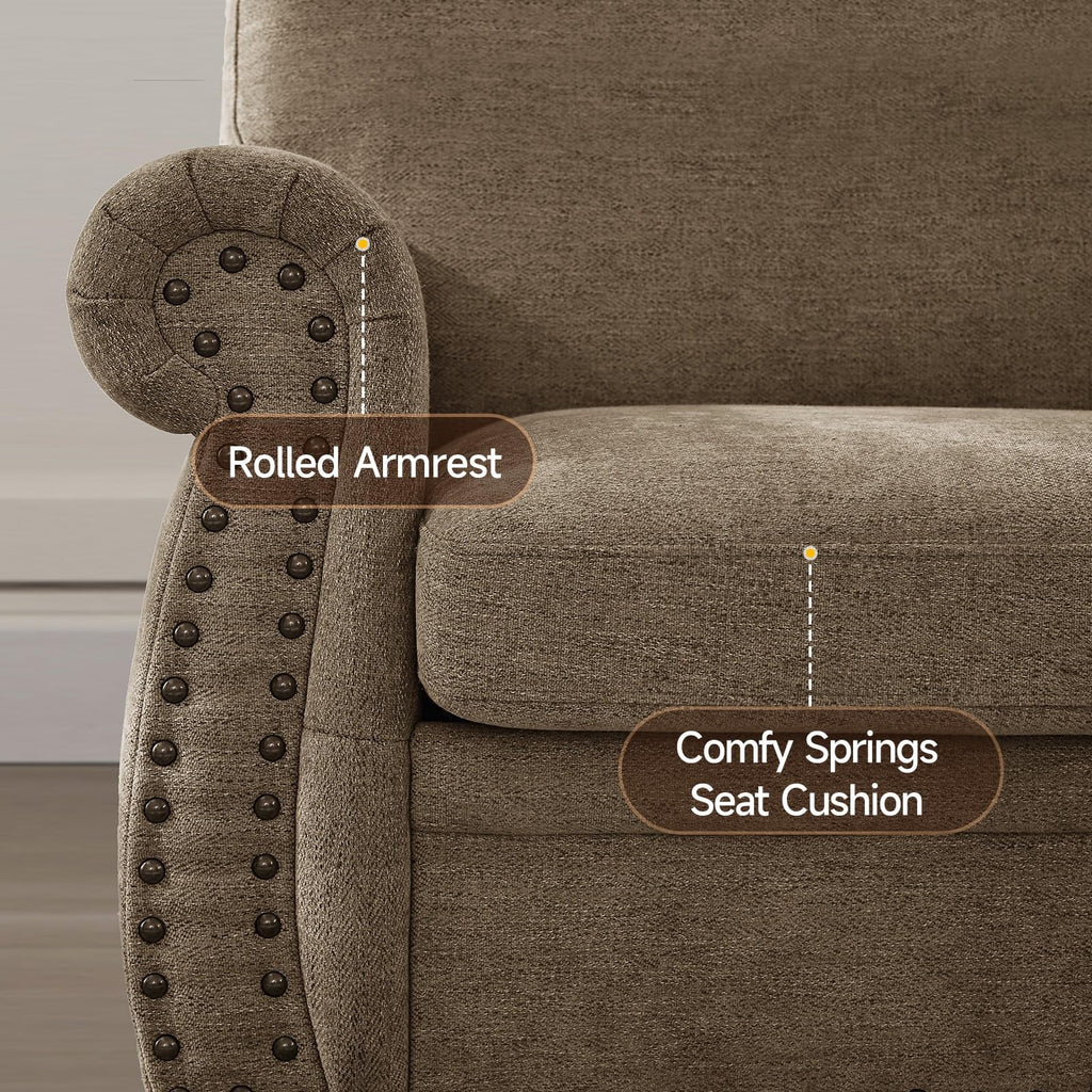 Nailhead Sofa, 66 Inch Small Chenille Couch with Rolled Arms, Brown