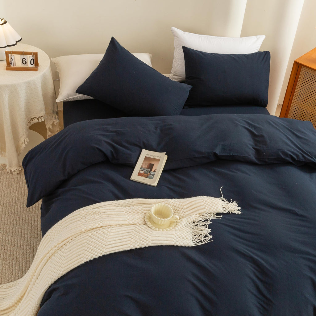 Cotton 3 Pcs Duvet Cover Set Linen Feel Navy Blue King