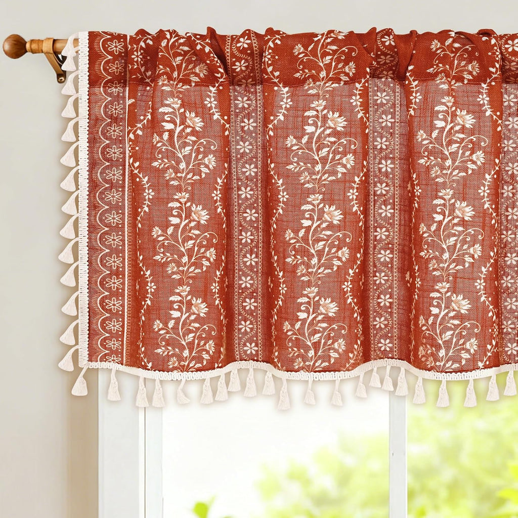 Boho Valance Curtains Vintage Linen Kitchen Valances for Windows Light Filtering Floral Valance Rod Pocket Farmhouse