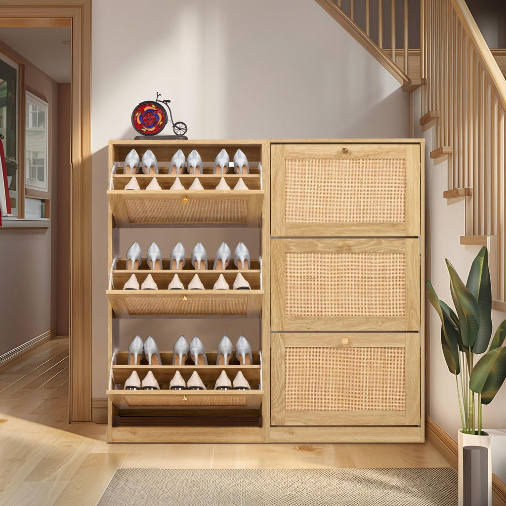 3 Tier Shoe Cabinet with Natural Rattan Flip Drawers, Free Standing Slim Shoe Storage Organizer with Large Top