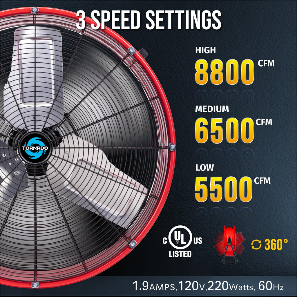 24 Inch High Velocity Heavy Duty Tilt Metal Drum Fan Wide Version Red Commercial, Industrial Use 3 Speed 8800 CFM - 8