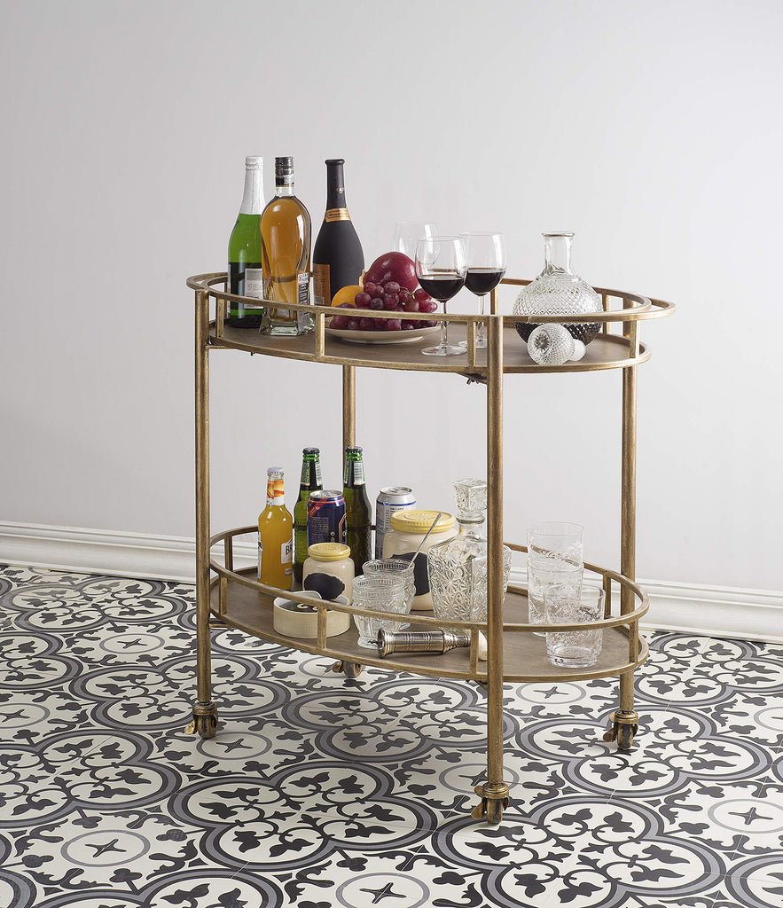 Oval 2-Tier Metal Bar Cart with Wheels, Antique Gold