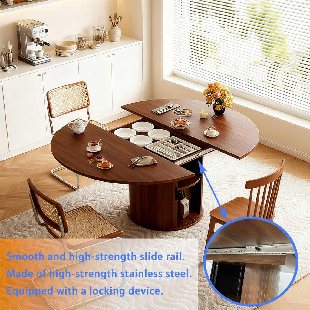 Extendable Round Dining Table for 2-4-6, 59 Inch Dining Room Kitchen Table with 2-Tier Storage Shelf, Modern