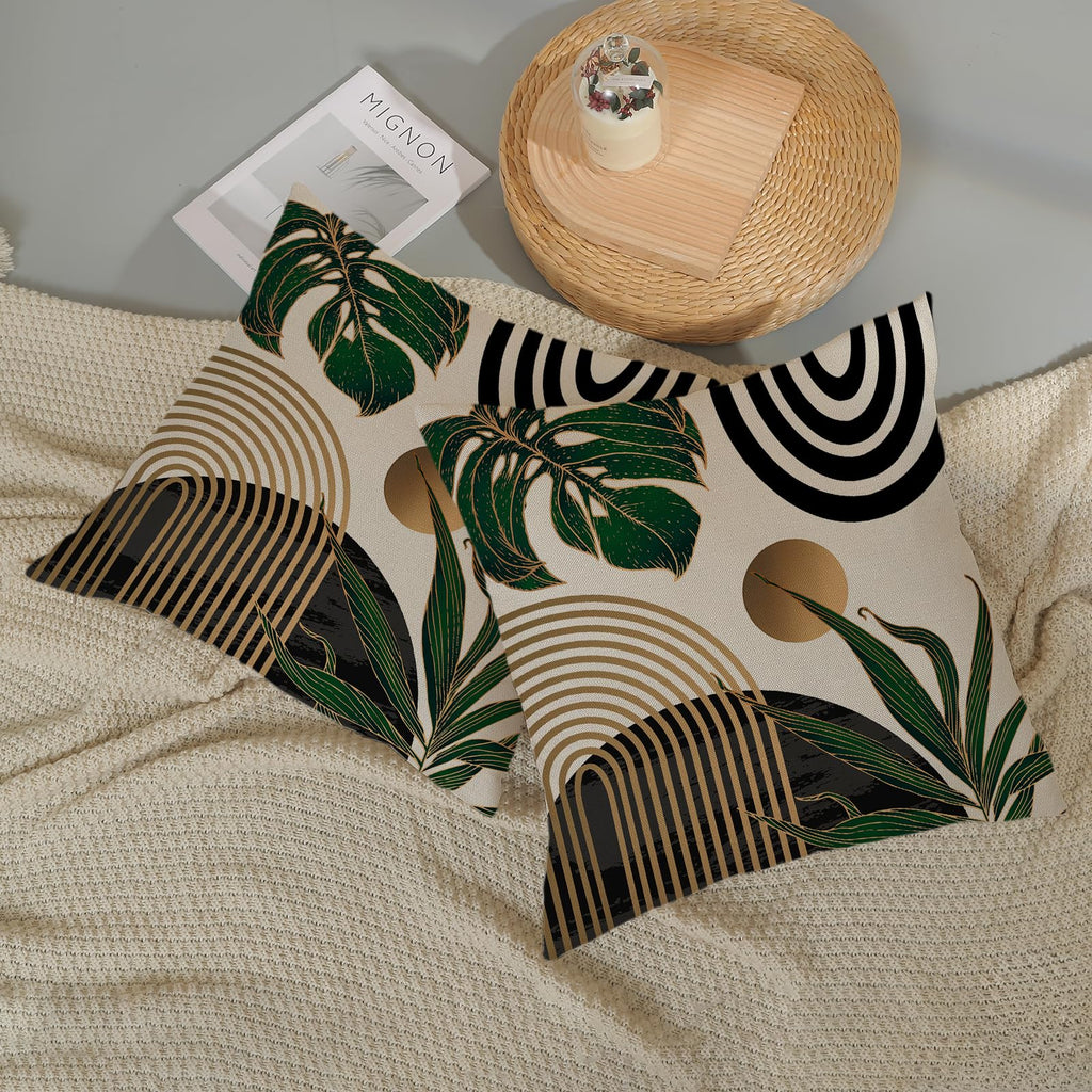 Black Boho Pillow Covers 22x22 Inch 2 Pcs Green Gold Tropical Leaf Mid Century Summer Outdoor Decor Throw Pillows