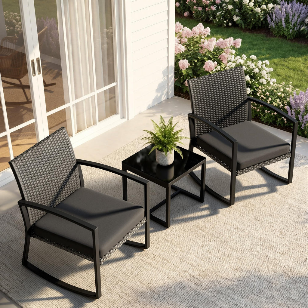 Rocking Bistro Set - Reinforced Steel Frame-3Pieces Patio Furniture Set, Outdoor Rattan Conversation Set with Tempered