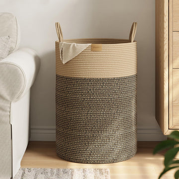 Tall Laundry Basket Hamper 95L, Cotton Rope Storage Hamper with Reinforced Handles, Decorative Blanket & Toy Basket