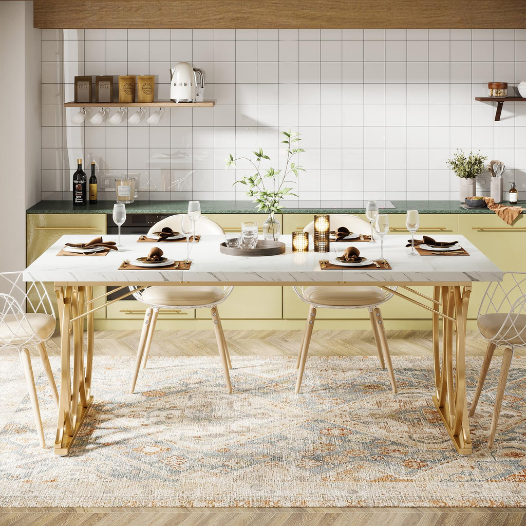 63" Dining Table for 4 to 6, White and Gold Kitchen Table