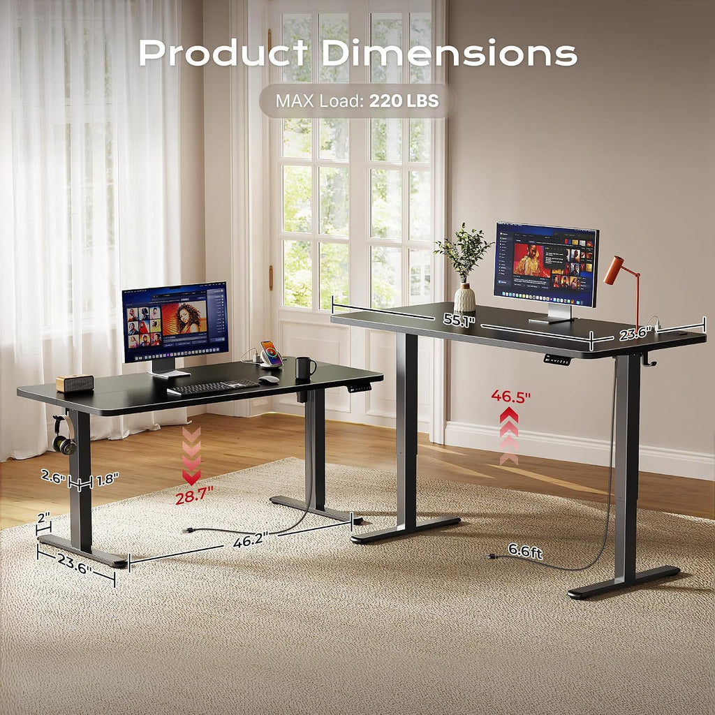 Electric Standing Desk with Power Outlets and USB-C Port, 55 X 24 Inch Height Adjustable Desk, Sit Stand Desk
