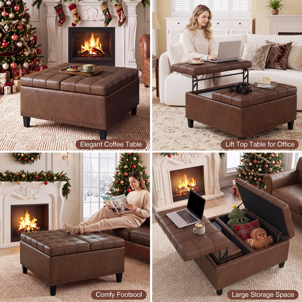 31.5 Inch Large Square Ottoman with Storage, Faux Leather
