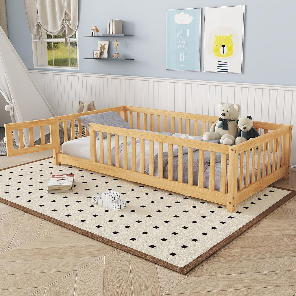 Slats and Safety Guardrail, Wood Twin Size Montessori Floor Bed with Door and Fence, Easy Assemble Montessori
