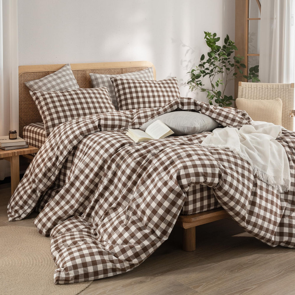 Gingham Cotton Duvet Cover Set Cocoa Brown Full