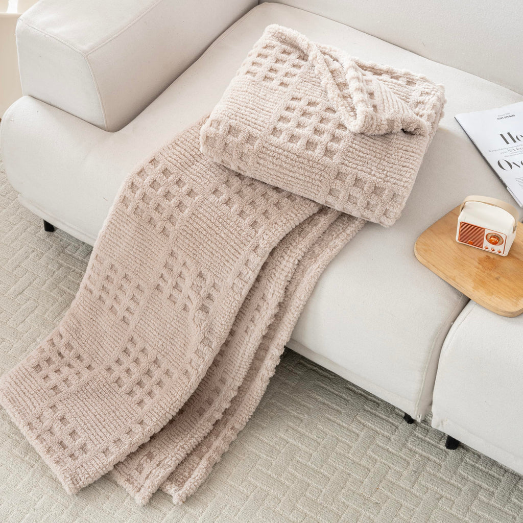 90x90 Inch Brown Waffle Blanket - Soft & Fluffy Fleece, Neutral Tan Color, Cute & Aesthetic, Perfect for Sofa