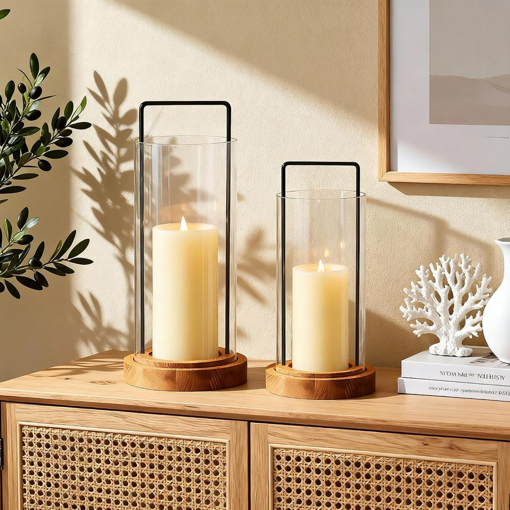 Set of 2 Hurricane Candle Holders Lantern 12" & 10"with Wood Base Metal Handle Glass Cylinder Modern Farmhouse Decor