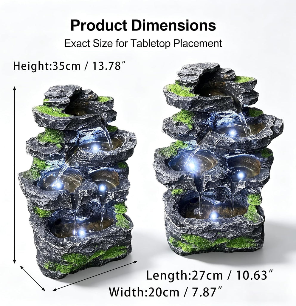 5-Tier Cascading Rock Water Fountain with White LED Lights, Modern Art Design Resin Waterfall Natural Stone Look