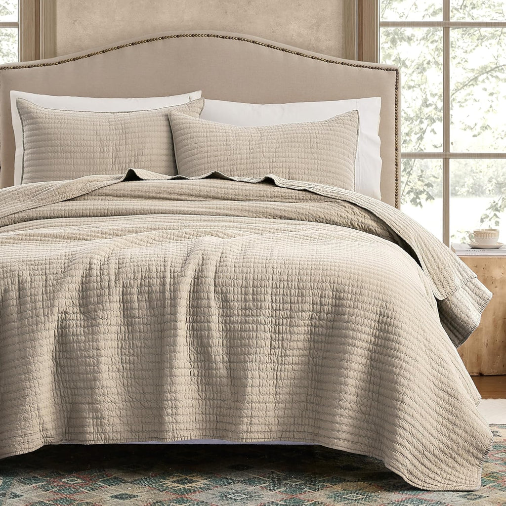 100% Cotton Oversized King Quilt Set - Beige California Cal King Striped Pick Stitch Soft Lightweight Bedspread