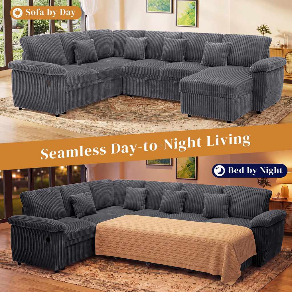 Modular Sectional Sleeper Sofa with Pull Out Bed, 104" U Shaped 7 Seat Cloud Sectional Couches, Comfy Corduroy Couch