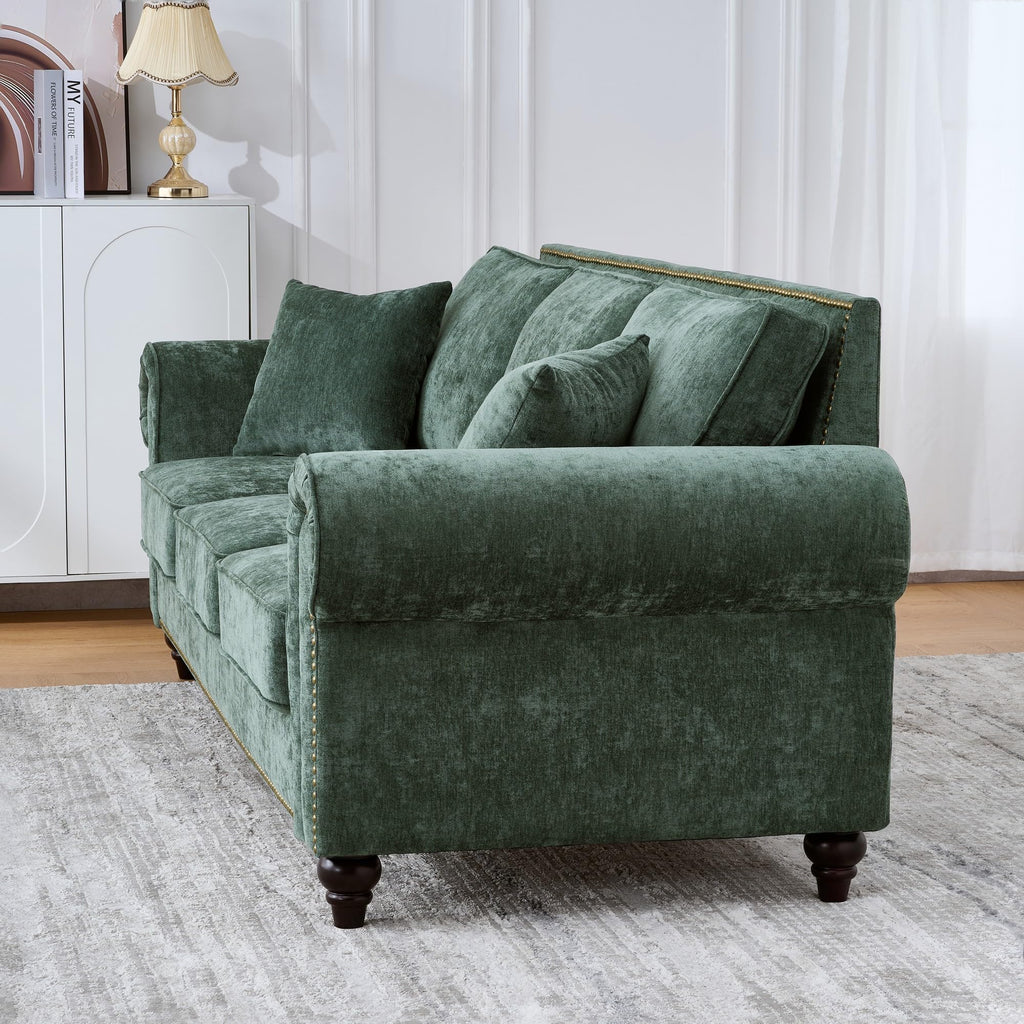 86.5" Chesterfield Sofa with Rolled Arms and Nailhead Trim, Mid-Century Modern Chenille Upholstered 3-Seater Couch