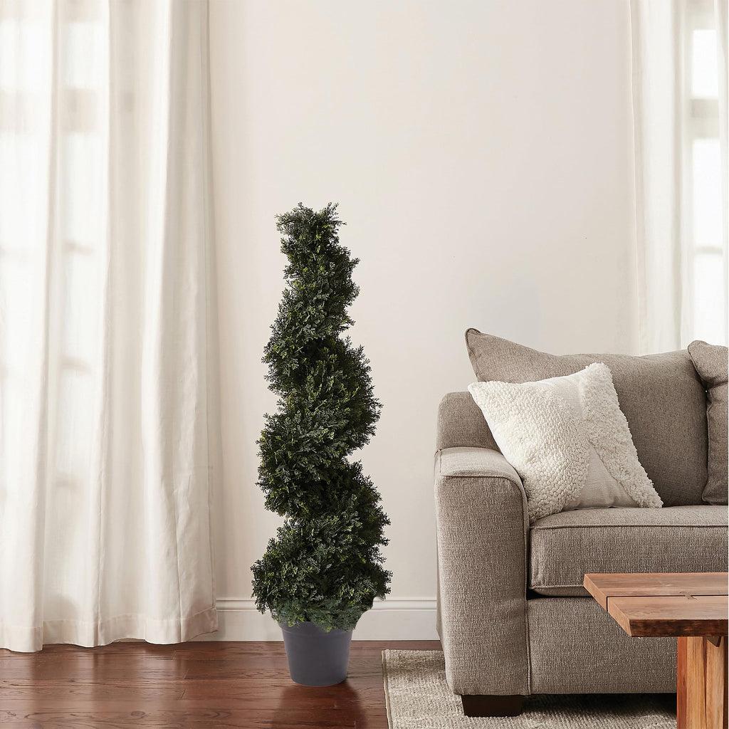 Set of 2 Artificial Trees - 4FT Spiral Cypress Topiaries with Pots - UV-Protected Indoor or Outdoor Fake Plants or