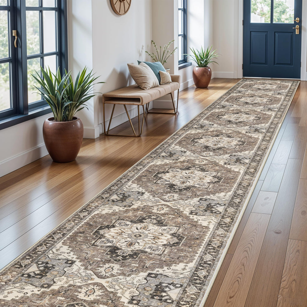 Washable Long Hallway Runner - Non-Slip Stain Resistant Kitchen Rug Distressed Mats Low Plie Soft Ultra Thin