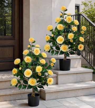 3ft Artificial Camellia Tree 2 Pack, 34 Inches Faux Camellia Plant in Pot, Fake Potted Camellia Flower Trees UV