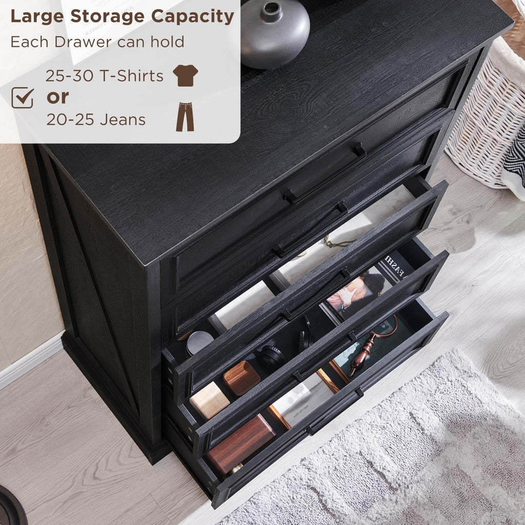 Farmhouse 5 Drawers Dresser Chests, Black