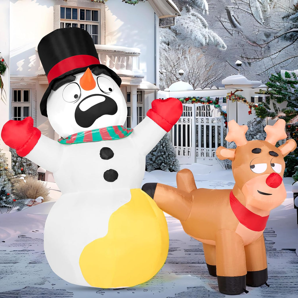 6.6 FT Long Christmas Inflatable Decoration Reindeer Peeing on Snowman, Blow Up Christmas Inflatables Outdoor