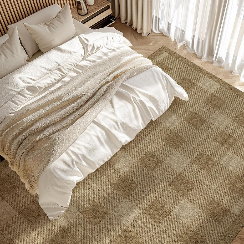 Washable Checkered Rug, Brown Tan Checkerboard Modern Minimalist Large Foldable Area Rug, Ultra-thin Low Pile