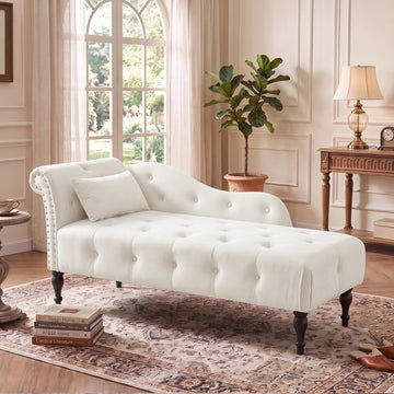 60.6" Buttons Tufted Chaise Lounge with Nailhead Trimmed Rolled Arm, White