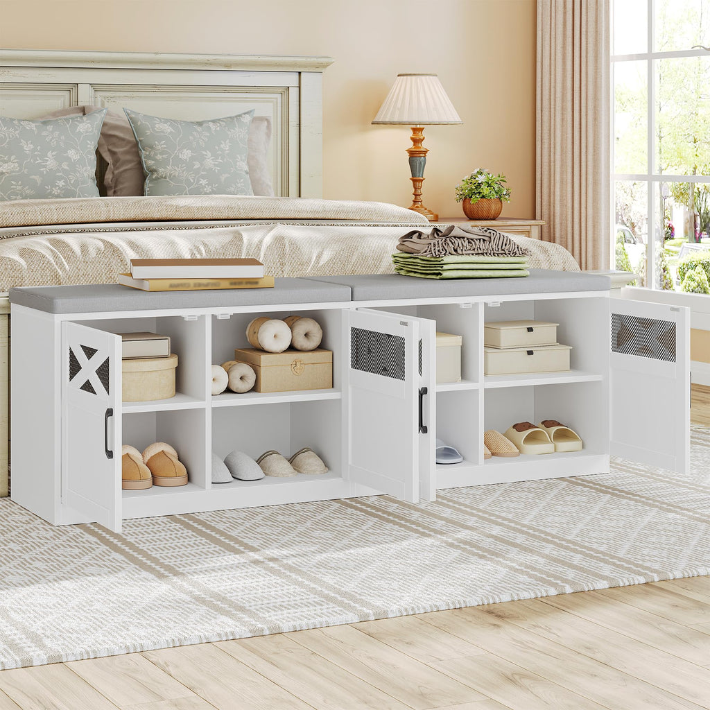 59" Shoe Storage Bench with 4 Barn Doors & Padded Seat Cushion