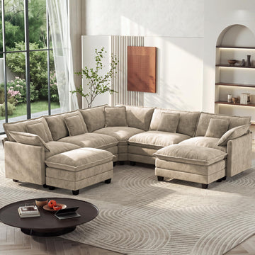 114" V-Shaped Modern Sofa Modular Sectional Luxurious and Comfortable with 2 Ottoman, 7-Seat Chenille Deep Seat Sofa