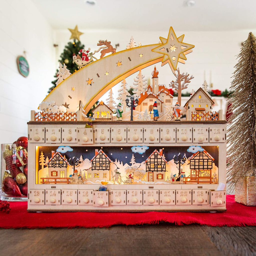Wooden Christmas Advent Calendar, Shooting Star Holiday Decoration w/Battery-Operated LED Light Background