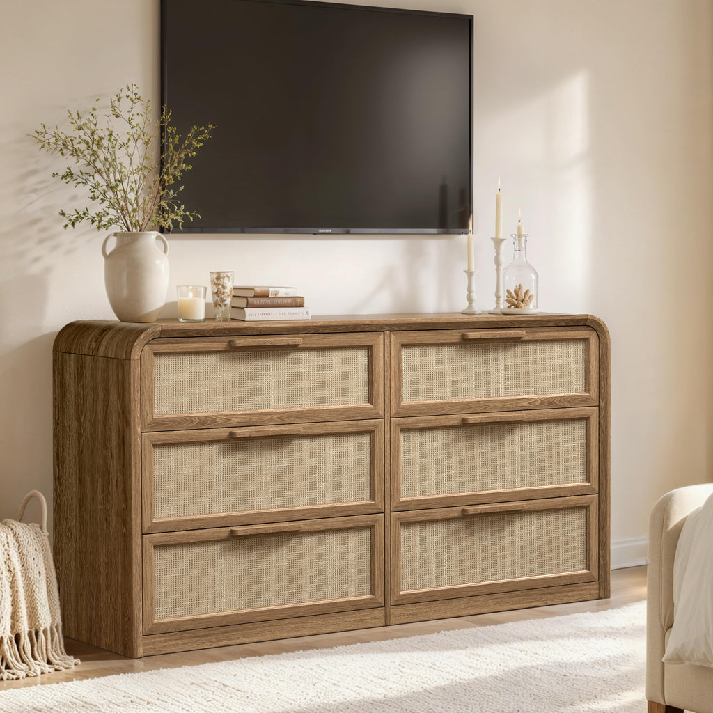 56.7" Curved 6 Drawer Rattan Dresser for Closet, Natural Oak | Wood Chest of Drawers Boho Bedroom Dressers, 1.2"