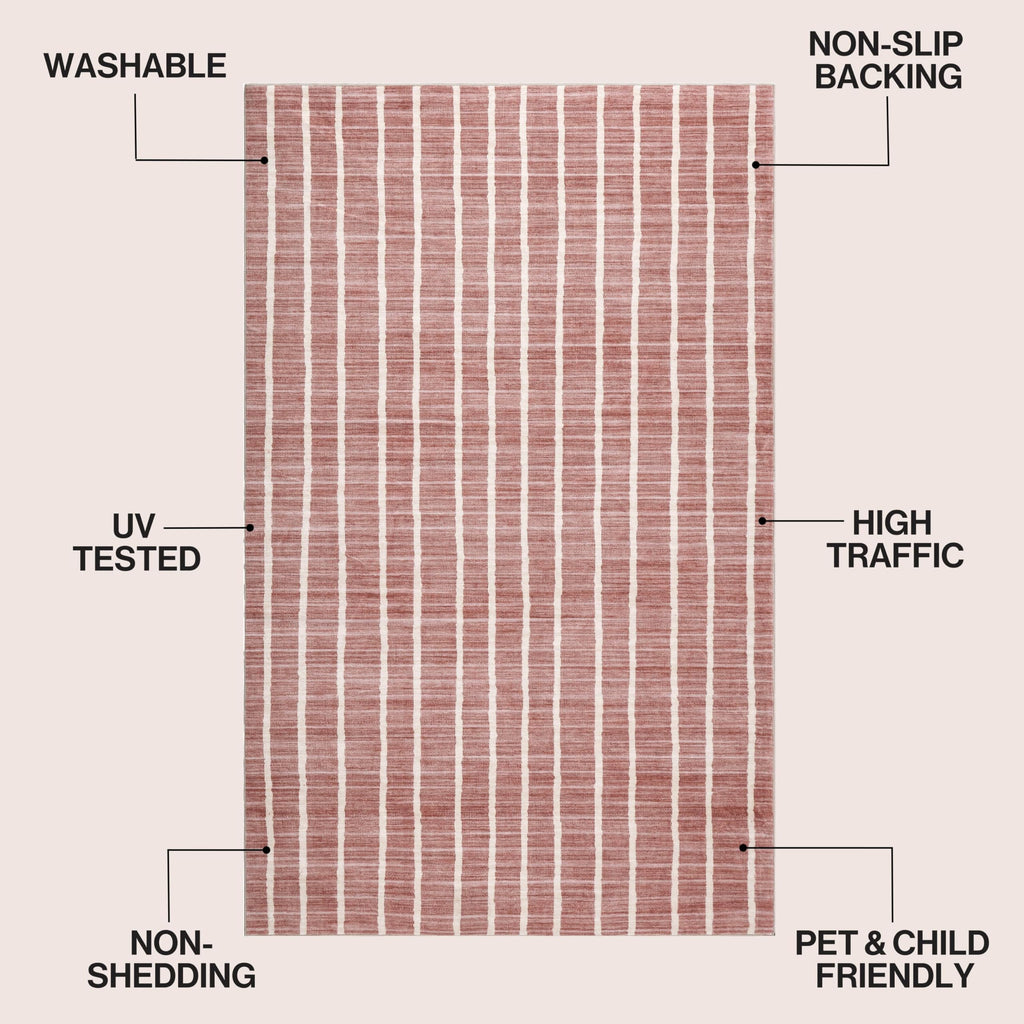 Washable Orton Distressed Ticking Stripe Machine-Washable Polyester Area Rug, Rose Clay and Cream, Farmhouse