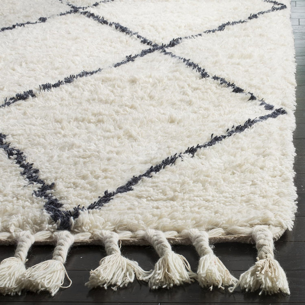 Casablanca Shag Collection Ivory/Grey CSB726A Handmade Moroccan Trellis Tassel Premium New Zealand Wool