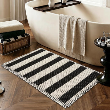 Black and White Striped Bath Mat 2x3 Ft, Super Absorbent Non Slip Bathroom Rug, Rubber Backed Waffle Bath Mat
