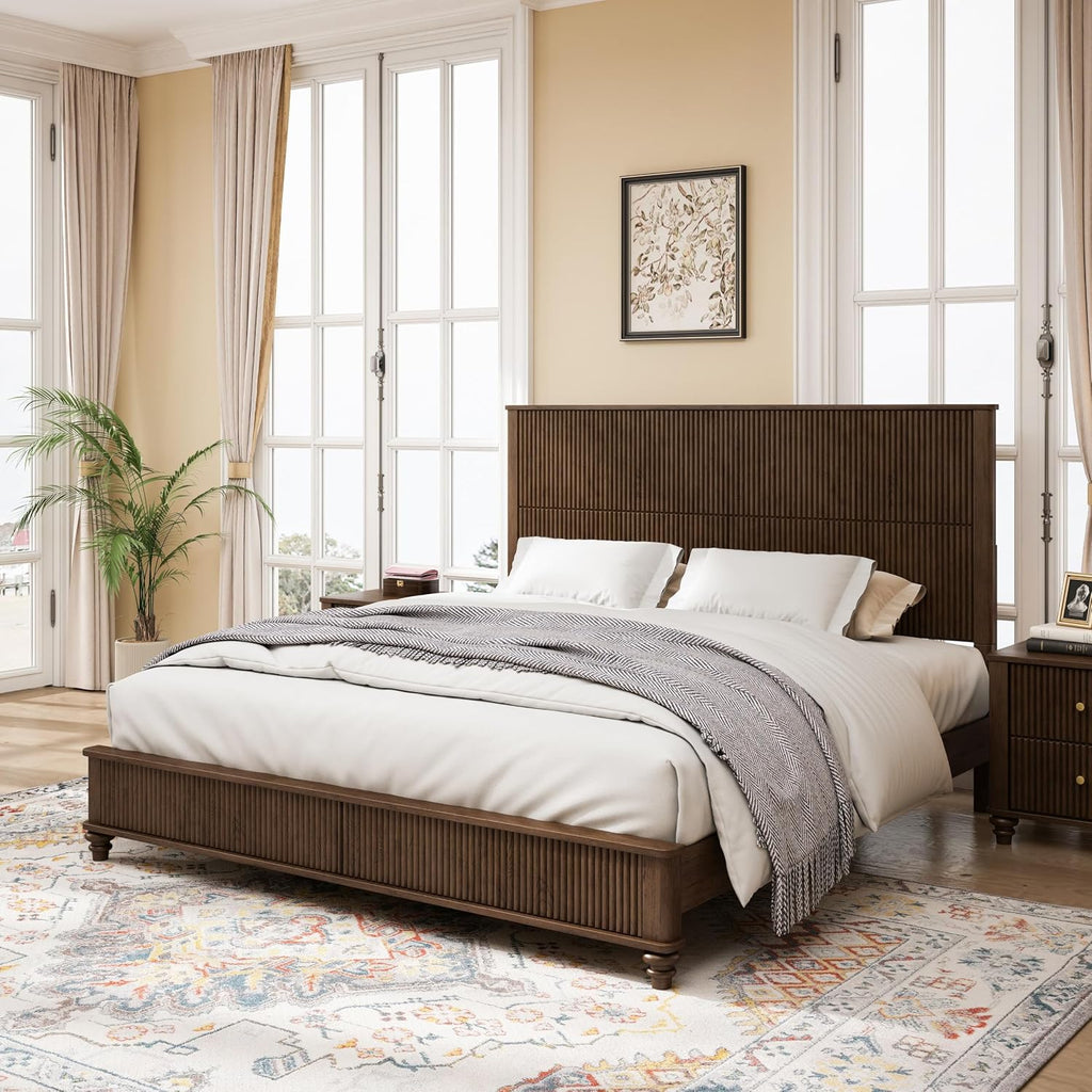 53.94" Tall Headboard Bed Frame Solid Wood Bed Frame Low Profile Farmhouse Wood Bed with Wooden Slats No Box Spring