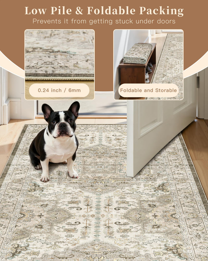 Hallway Runner Rug 3x20 Washable Kitchen Runners 20ft, Ivory/Brown