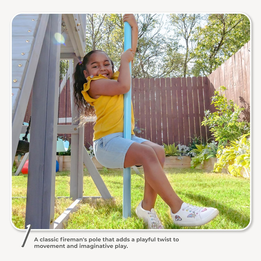 Kids Laguna Outdoor Wooden Swing Set, Gray & Aqua | Slide, Rock Climbing Wall, Fireman Pole & Trapeze Bar, Ages 3-10
